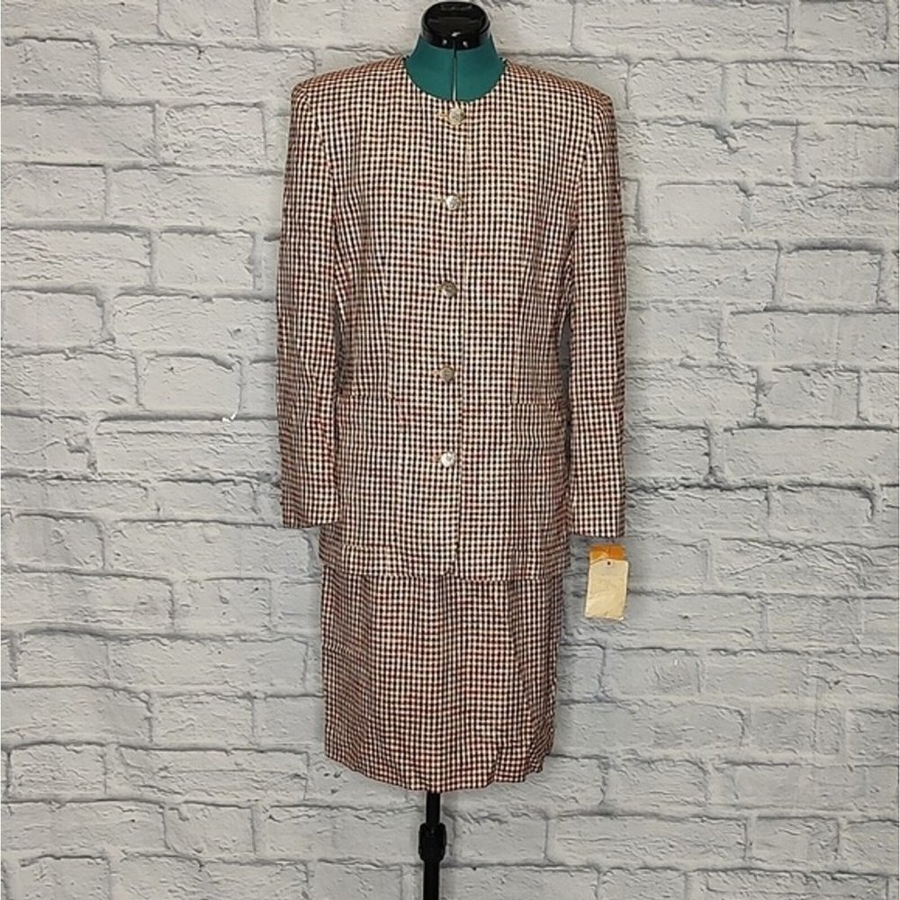 VINTAGE Liz Claiborne women's red black checked wool 2 piece skirt Suit Sz 6, 8